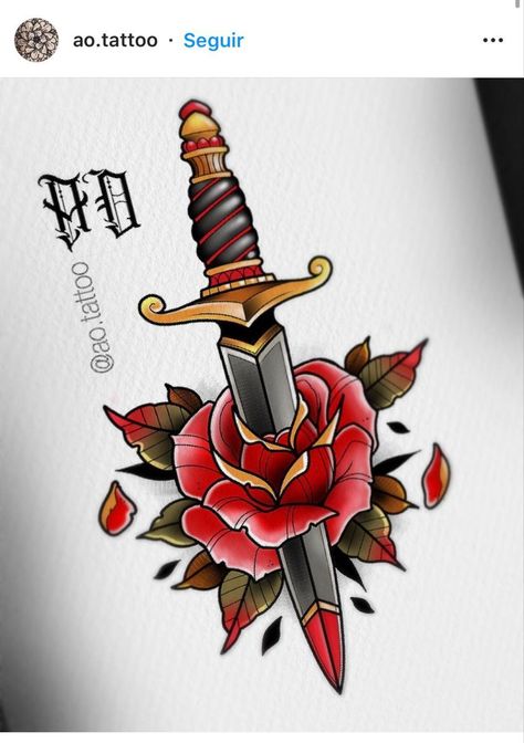 #tattoo #tattoos #inked #tattooart #tattooed #tattooideas #tattoodesign #tattooinspiration #tattoosleeve #tattooflash #inkedgirls #tattooedwomen  #InkLaughs  #TattooFails Neo Traditional Dagger Tattoo, Traditional Dagger Tattoo Design, Dagger Flower Tattoo, American Traditional Dagger Tattoo, Dagger Rose Tattoo, Rose Dagger Tattoo, American Traditional Dagger, Dagger Tattoo Traditional, Knife And Rose Tattoo