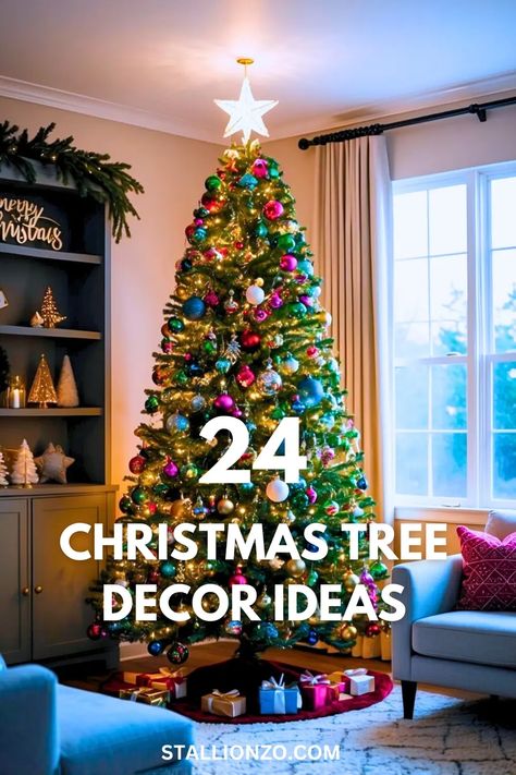 Inside: Discover 24 creative and fun ideas to decorate your Christmas tree this season! From classic themes to modern twists, there’s something for everyone. Color Light Christmas Tree Ideas, Christmas Tree Decor With Colored Lights, Christmas Tree Decorating Ideas With Colored Lights, Multi Light Christmas Tree Ideas, Color Lights Christmas Tree Ideas, Department Store Christmas Tree, Multicolor Light Christmas Tree Ideas, White Christmas Tree With Multi Colored Lights Decorating Ideas, Multicolored Lights Christmas Tree Ideas