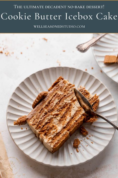 No-Bake Cookie Butter Icebox Cake Fall Icebox Cake, Cookie Butter Crunch Cake, Christmas Icebox Cake, Biscoff Icebox Cake, Ice Box Cake Recipes, Cookie Icebox Cake, Biscoff Desserts, Cookie Butter Cake, Icebox Cake Recipes