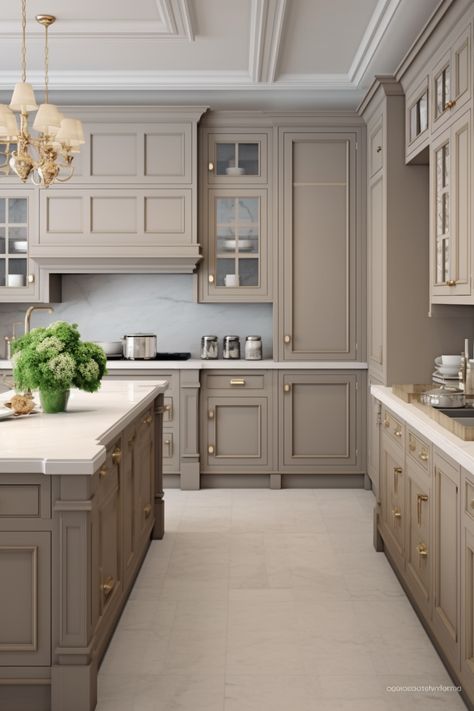 Kitchen Taupe, Greige Kitchen Cabinets, Taupe Kitchen Cabinets, Kitchen Timeless, Greige Kitchen, Taupe Kitchen, Japandi Kitchen, Desain Pantry, Kabinet Dapur