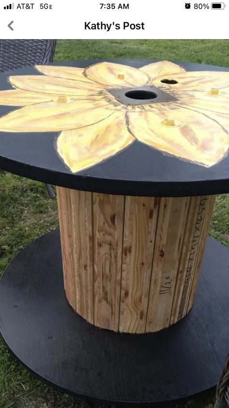 Small Spool Ideas, Wire Wheel Ideas Spool Tables, Cable Spool Ideas Diy, Spool Table Ideas, Electrical Spools, Cable Reel Table, Spool Diy, Patio Chairs Makeover, Spool Projects