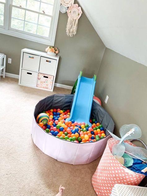 Slide Into Ball Pit, Ball Pit Playroom, Playroom Ball Pit, Ball Pit Ideas, Slide Ball Pit, Diy Ball Pit, Ball Pit With Slide, Boho Playroom, Girl Nurseries