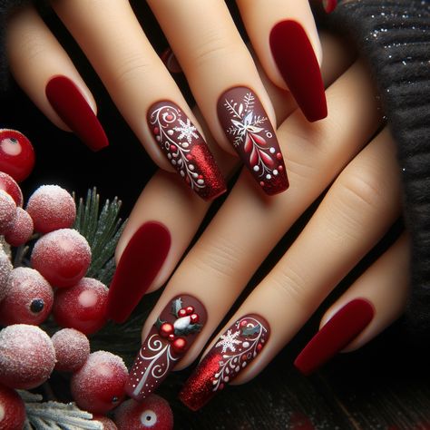 Image of beautifully designed red velvet matte Christmas nails with festive decorations. Velvet Christmas Nails, Matte Holiday Nails, Matte Christmas Nails, Gold Accent Nail, Glossier Nail Polish, Velvet Nails, Festive Nail Art, Red Polish, Holiday Nail Designs