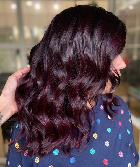 Brown Hair And Lowlights, Burgundy Plum Hair, Burgundy Plum Hair Color, Dark Maroon Hair, Hair Colour Red, Plum Hair Dye, Plum Burgundy Hair, Plum Highlights, Burgundy Hair With Highlights