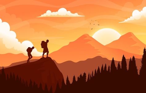 Camping Vector Illustration, Hiking Animation, Mountain Animation, Hiking Background, Hiking Painting, Hiking Illustration, Adventure Background, Mountains Graphic, Camping With Teens