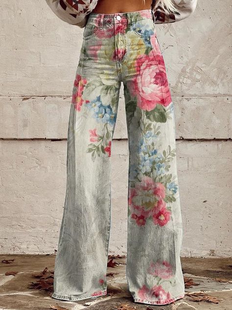 REFCOUNTRY Floral Wide Leg Pants, Western Tee, Denim Decor, Looks Country, Womens Wide Leg Pants, Western Tops, 3d Pattern, Vintage Botanical, Western Dresses