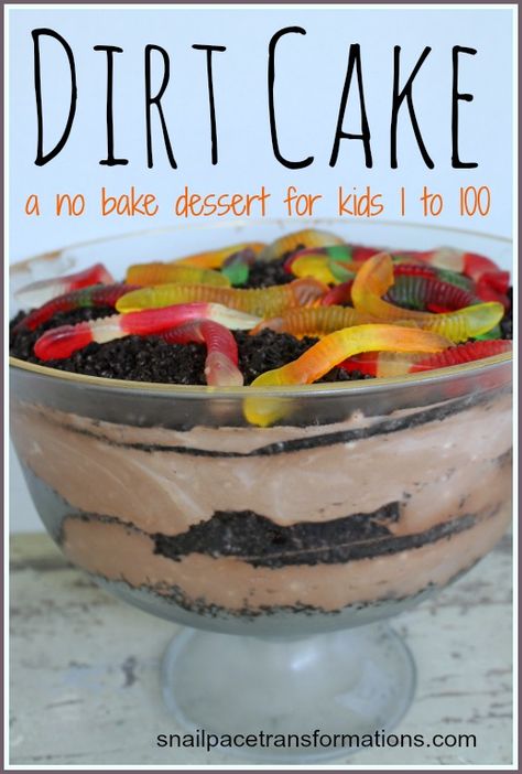 Great No Bake Dessert that kids from 1 to 99 will love! Dirt Cake No Cream Cheese, How To Make Dirt Cake Cups, Worms N Dirt Dessert, Dirt Dessert With Gummy Worms, Dirt Cake With Gummy Worms Easy, Preschool Cooking, Baking Recipes For Kids, Dirt Cake, Kids Cooking Recipes