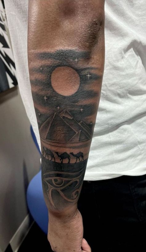 African Egyptian Tattoo, Egyptian Tattoo Designs Men Sleeve, Tattoos For Back Of Forearm, Egypt Theme Tattoo, Men Spiritual Tattoo, Spiritual Men Tattoos, John Wall Tattoos, African Tattoo Ideas For Men Sleeve, Tattoo Ideas For Men Egyptian