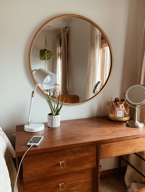 Wooden Vanity Aesthetic, Earthy Vanity Ideas, Makeup Corner In Bedroom Small Spaces Vanity Ideas, Dark Wood Vanity Bedroom, Dark Wood Dressing Table, Brown Vanity Bedroom, Small Bedroom With Vanity, Earthy Vanity, Wooden Vanity Bedroom