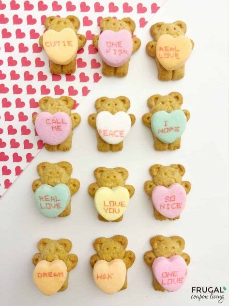 Bear Hug Valentines: This easy Teddy Grahams Valentine Conversation Heart Cookies require only three ingredients. If you want these to be your valentines, we also included free printable bear hug gift tags. #FrugalCouponLiving #valentinesday #valentines #nabisco #teddygrahamas #candy #candyhearts #bearhugs #bears #valentinesdayrecipes #recipesforkids #foodcrafts Valentines Party Food, Fishing Cupcakes, Teddy Grahams, Hug Gifts, Teddy Bears Valentines, Valentines Gift Tags, Pinterest Crafts, Conversation Heart, Conversation Hearts