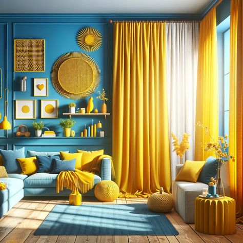 blue walls and mustard yellow curtains Yellow Teal Living Room, Navy Blue And Yellow Living Room Decor, Blue And Yellow Room, Blue And Mustard Living Room, Yellow Curtains Living Room, Dark Lounge, Blue And Yellow Living Room, Mustard Yellow Curtains, Curtain Colors