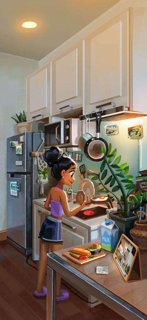 ArtStation - Me and My Kitchen. 😋🍳, Amo Kannika Modern Bungalow Exterior, Kitchen Drawing, Paid Promotion, Art Journal Therapy, Illustration Wall Art, Character Design Animation, Couple Drawings, Slow Living, Art Drawings Sketches Simple