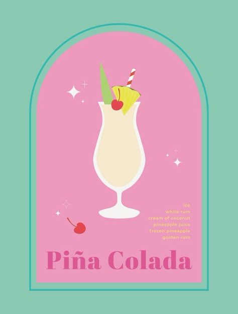 Colourful Table Decor, Pina Colada Poster, Cocktail Art Print, Cocktail Prints Art, Drink Prints, Bar Cart Poster, Pina Colada Drinks, Cocktail Posters, Cocktail Prints