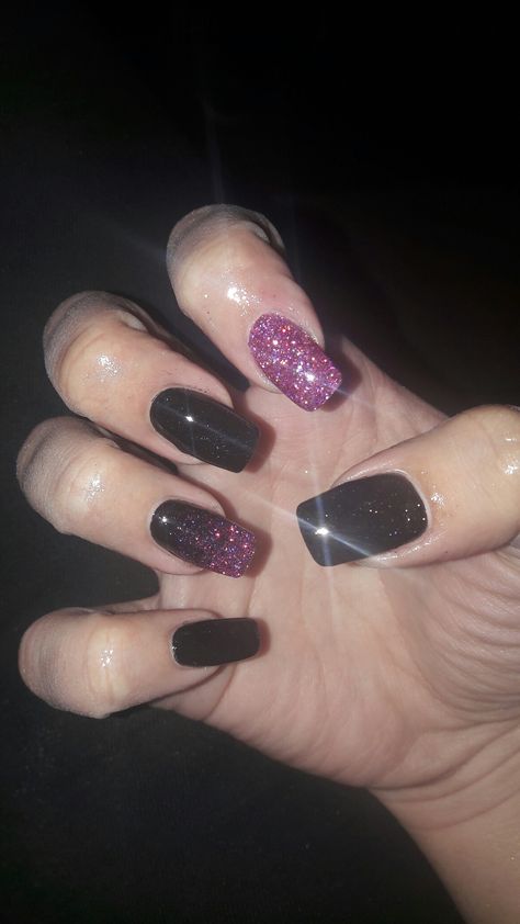 acrylic, black nails, nails, pink nails, glitter nails, glitter, sparkles, Black Nail Polish With Glitter, Black Nails Pink Glitter, Black Pink Glitter Nails, Pink Black Glitter Nails, Dark Pink Glitter Nails, Black Nails With Pink Glitter, Black And Pink Glitter Nails, Acrylic Black Nails, Black Sparkly Nails