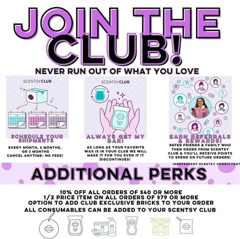 Scentsy Club is a subscription program that lets you schedule recurring shipments of your favorite Scentsy consumables (aka the stuff that runs out) to be delivered directly to you! Scentsy Club also offers exclusive perks available only to subscribers. Scentsy Club, Scentsy Oils, Join Scentsy, Scent Warmers, Electric Candle, Home Fragrance Accessories, Join The Club, Warm Fragrance, Scentsy Bars