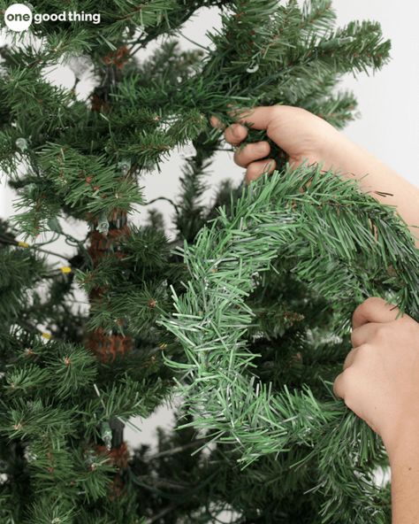 How To Fill Gaps In Christmas Tree, Adding Garland To Christmas Tree, Adding Greenery To Christmas Tree, Pine Garland Christmas, Tree Fillers, Cheap Christmas Trees, Christmas Tree Trimming, Affordable Christmas Decorations, Pine Garland