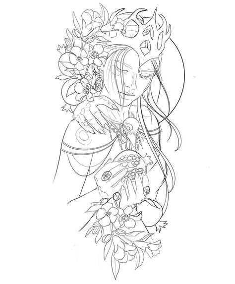 Nature Goddess Tattoo, Aphrodite Goddess Tattoo, Persephone Mythology, Persephone Tattoo, Greek Goddess Tattoo, Hades Tattoo, Persephone Art, Greek Goddess Art, Persephone Goddess