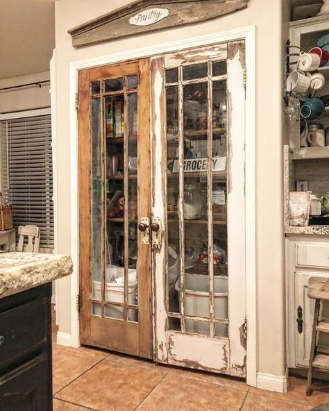 Blue Pantry Door Ideas, Rustic Pantry Door, Vintage French Doors, Double Pantry, Pantry Door Ideas, Vintage Pantry, Laundry Doors, Girls Fit, Flea Market Decorating