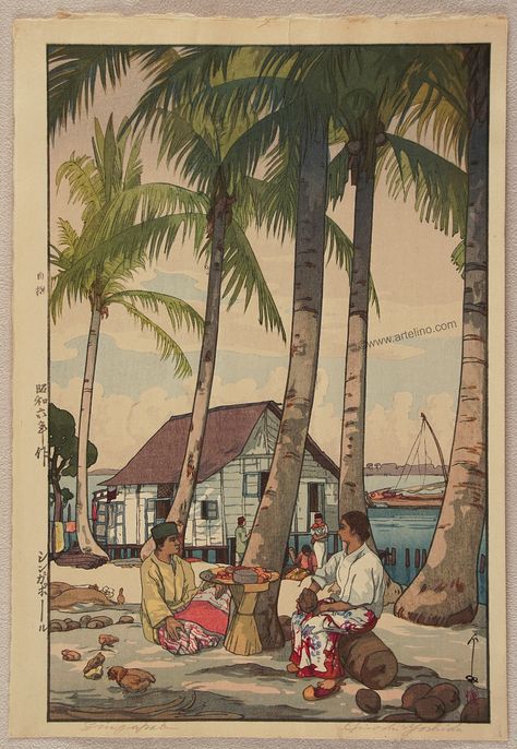 From Yoshida's series of prints of India and Southeast Asia. A small river front house in Singapore. People are relaxing under the cool shades of palm trees.  #artelino #artauctions #hiroshiyoshida #singapore #woodblockprint #japaneseprints #shinhanga Hiroshi Yoshida, Shin Hanga, Kawase Hasui, Japanese Paintings, Southeast Asian Arts, Images D'art, The Taj Mahal, Art Japanese, Japanese Woodblock