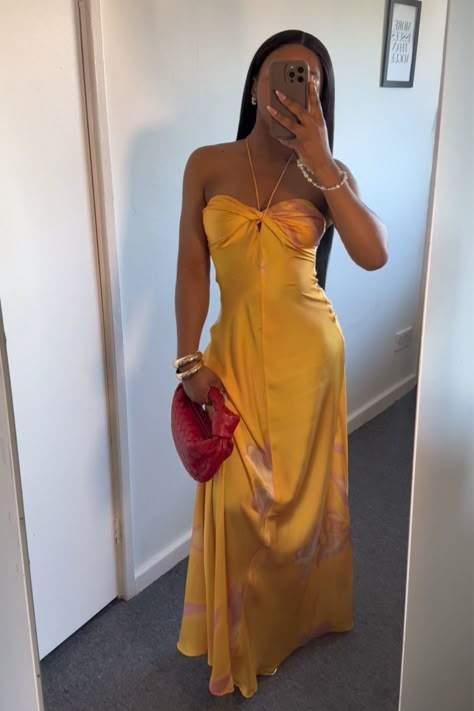 Printed satin dress curated on LTK Vacation Dinner Outfit Classy, Slip Dresses Outfits, Sun Dresses Black Women, Yellow Sundress Outfit, Birthday Vacation Outfits, Orange Dress Aesthetic, Classy Outfits Black Women, Colourful Outfits Aesthetic, Sun Dress Outfit