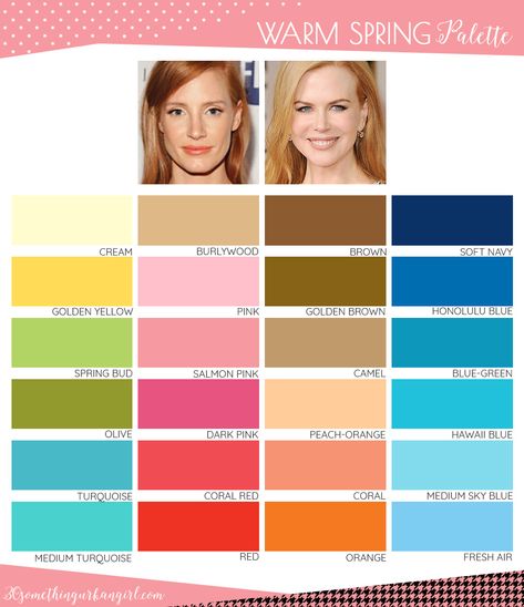 The best colors for Warm Spring seasonal color women. You can find the colors with names :) Warm Spring Palette, Warm Spring Color Palette, True Spring Color Palette, True Spring Colors, Soft Autumn Color Palette, Color Seasons, Light Spring Colors, True Spring, Mode Tips