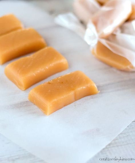 Creamy Microwave Caramels Recipe - Creations by Kara Caramels Recipe, Honeycomb Recipe, Homemade Caramels, Christmas Bark Recipes, Microwave Caramels, Caramel Candies, Homemade Toffee, Fall Baking Recipes, Homemade Pantry