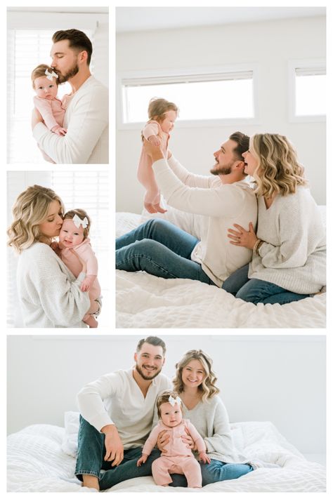 Family Infant Photos At Home, 3 Month Lifestyle Session, Indoor Picture Ideas Family Photos, Family Of 3 Photo Ideas Indoors, Family Picture Indoor, 2 Month Old Lifestyle Photography, Infant Family Photos Indoor, Family Of 3 Lifestyle Photography, Lifestyle Session Family