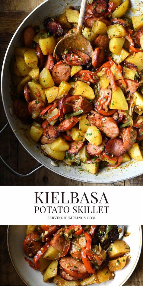 Kielbasa Potato Skillet Kolbassi And Potatoes, Kiebalsa And Potatoes, Kielbasa Potato Casserole, Kielbasa Skillet Recipes, Kiebalsa Recipes, Fried Smoked Sausage, Potato And Kielbasa, Kelbeisa Sausage Recipes, Potatoes And Kielbasa