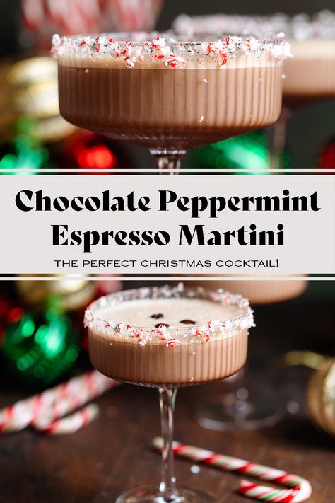 This Chocolate Peppermint Espresso Martini tastes like a boozy peppermint mocha and it's the perfect Christmas cocktail for Christmas Eve or any holiday party! It's made with creamy Bailey's and easy homemade syrup. Holiday Drinks Alcohol Christmas Easy, Peppermint Espresso Martini, Christmas Themed Drinks, Peppermint Cocktail, Peppermint Vodka, Peppermint Martini, Christmas Drinks Recipes, Christmas Martini, Christmas Drinks Alcohol