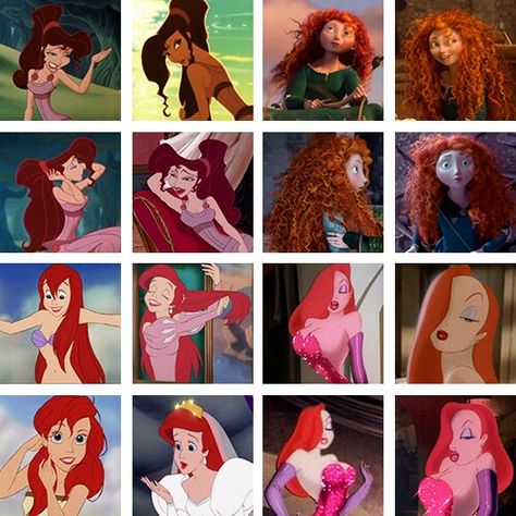 Why does every red haired Disney character wear green or pink? Disney Redheads, Ginger Characters Halloween, Halloween Costumes For Gingers, Red Hair Disney, Redhead Princess, Red Head Halloween Costumes, Red Head Cartoon, Red Hair Costume, Characters With Red Hair