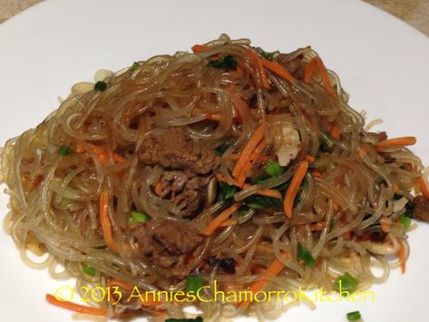 Korean Japchae, Guam Food, Carrots And Spinach, Chamorro Food, Guam Recipes, Noodles With Vegetables, Chamorro Recipes, Spicy Salad, Love Korean