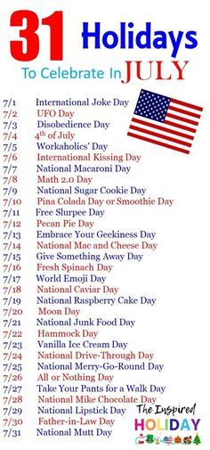 31 Holidays to celebrate in July. Make July even more festive with these wacky and silly holidays. #wackyholidays #julycelebrations #thingstodoinjuly Resident Activities, National Holiday Calendar, Monthly Holidays, Funny Holidays, International Kissing Day, Silly Holidays, Monthly Celebration, World Emoji Day, National Day Calendar