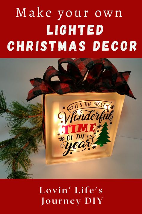 Glass Block Crafts Vinyl Designs, Glass Block Christmas Ideas, Christmas Glass Blocks With Lights, Diy Glass Blocks With Lights, Lighted Glass Blocks Diy, Christmas Glass Blocks, Decorative Glass Blocks, Brick Crafts, Girls Night Crafts