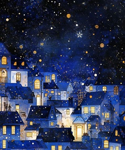 "Architecture en Bleu & Jaune" Christmas Night Drawing, Night Sky Painting, Summer Illustration, Cityscape Art, Building Art, Phone Wallpaper Patterns, Fairytale Art, Love Illustration, Night Scene