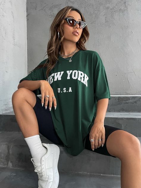 Letter Graphic Drop Shoulder Tee | SHEIN USA Oversize Tee And Biker Shorts, Down Shoulder Tshirt Women, Oversize Tops For Women, Summer Shorts And Tee Outfit, Green Tee Shirt Outfit, Cute Baggy Summer Outfits, Long Tshirt Outfits Summer, Green T Shirt Outfit Women, Dark Green Graphic Tee