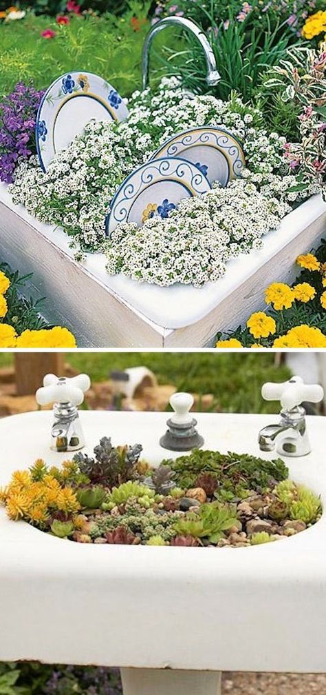 24 Creative Garden Container Ideas  - We're loving these old sinks for a more whimsical outdoor garden look. Garden Container Ideas, Old Sink, Garden Container, Container Ideas, Garden Containers, Creative Gardening, Unique Gardens, Whimsical Garden, Diy Planters