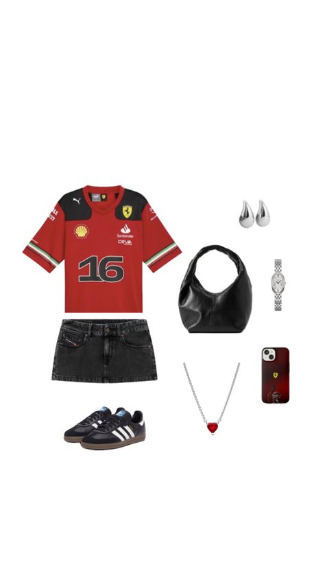 #ferrari #f1 #black #red #formula1 #fit #16 #charlesleclerc #leclerc Ferrari Outfit, Ferrari F1, Black Red, Ferrari, Football, Red, Black, American Football