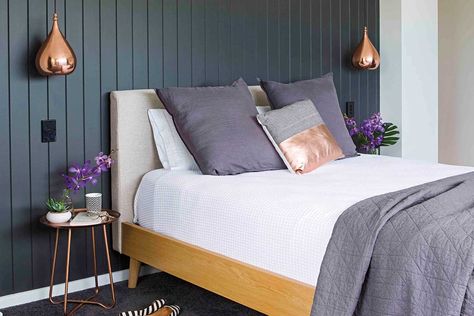 home beautiful blue tongue and groove timber wall panelling in bedroom Panelling In Bedroom, Timber Wall Panelling, Vj Panelling, Tongue And Groove Paneling, Tongue And Groove Wall, Timber Wall Panels, Tongue And Groove Walls, Tongue And Groove Panelling, Narrow Rooms