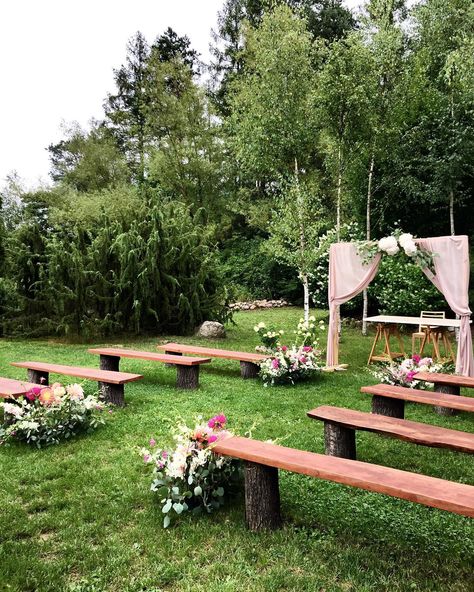 Outdoor Wedding With Benches, Log Bench Wedding Ceremony Seating, Bench Decorations Wedding, Wood Bench Wedding Ceremony Seating, Wood Wedding Benches, Wooden Benches For Wedding, Micro Wedding Ceremony Seating, Benches For Wedding Ceremony, Outdoor Wedding Benches