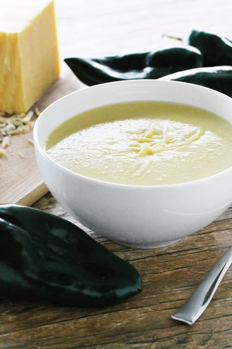 White Cheddar Poblano Soup from The Stay At Home Chef. This is a Kneader's Bakery copycat and it is so dang good! Super easy to make, too! White Cheddar Soup, Poblano Soup, The Stay At Home Chef, Roasted Poblano, Stay At Home Chef, Soup Appetizers, Poblano Peppers, Tandoori Masala, Cheddar Soup