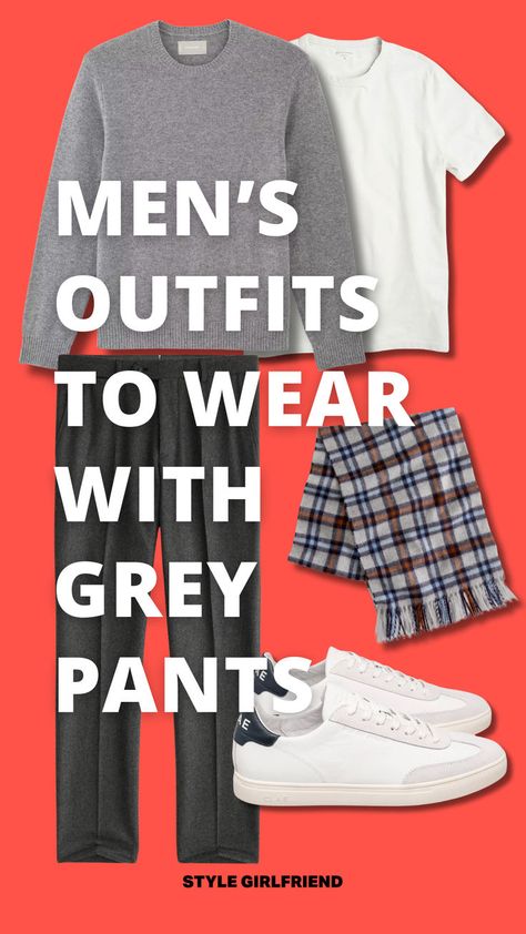 headline: men's outfits to wear with grey pants, image: grey trousers with grey sweater, plaid scarf and white sneakers Grey Corduroy Pants Outfit Men, Mens Grey Pants Outfit, Dark Grey Trousers Outfit Men, Gray Pants Outfit Men Casual, Gray Chinos Men Outfits, Gray Corduroy Pants Outfit, Grey Pants Outfit Winter, Grey Trousers Outfit Men Casual, Grey Corduroy Pants Outfit