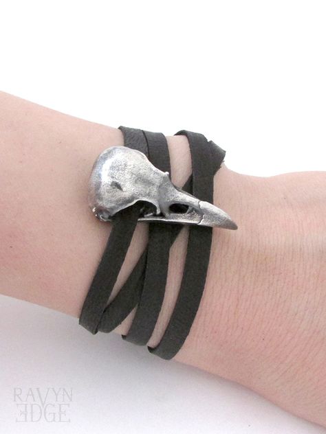 This sterling silver raven skull wrap bracelet will showcase your unique personality and add a touch of gothic magick to your outfit. Gothic jewelry for dark mori and strega fashion. Witch aesthetic. Raven Accessories, Raven Skull Necklace, Raven Jewelry, Strega Fashion, Gothic Bracelet, Dark Mori, Raven Skull, Bird Skull, Ribbon Wrap