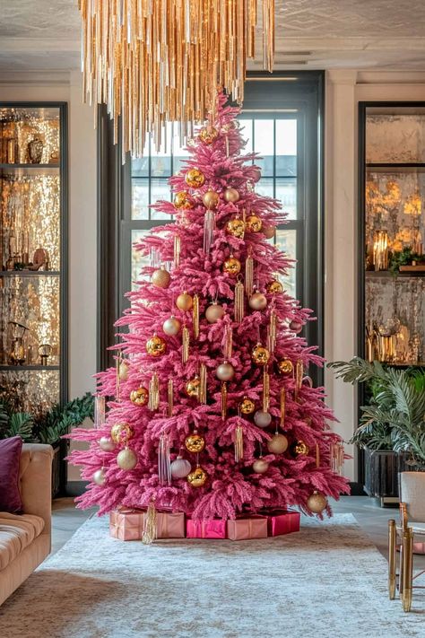 Pink Orange Christmas Tree, Pink And Gold Christmas Tree, Pink And Gold Christmas, Orange Christmas Tree, Hot Pink And Gold, Christmas Tree Decorating Ideas, Tree Decorating Ideas, Red And Gold Christmas Tree, Christmas 2025