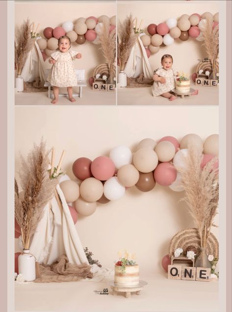 1st Birthday Photoshoot Balloon Garland, Boho First Bday Photoshoot, Boho First Birthday Cake Smash, Earthy First Birthday, Isn’t She Onederful Cake Smash, Groovy 1st Birthday Photoshoot, Brown And Pink Birthday Theme, Smash Cake Girl 1st Birthday Ideas, Vintage First Birthday Photoshoot