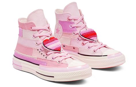 Introducing the limited edition Converse Wmns Chuck Taylor All Star Hi by Millie Bobby Brown. This women's sneaker comes in a beautiful Petal Pink colourway, with tonal eyelets and signature All-Star badges. Interchangeable heart patches are attached to the laces, adding a sweet touch. The sneaker sits on a vulcanized rubber sole which features variegated foxing tape and side strips. This Heart Sneakers, Converse Collection, Mille Bobby, Brown Converse, Star Badge, Heart Patches, Style Advice, Pink Lady, Chuck 70