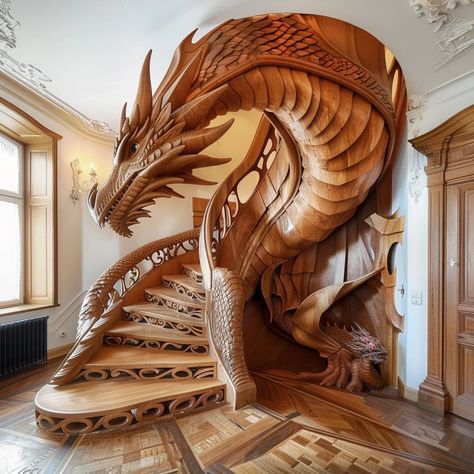 Staircase Drawing, Stair Cases, Fantasy Furniture, Dragon House, Dragon Artwork Fantasy, Stairway Design, Fantasy Decor, Dragon Sculpture, Rustic Home Design