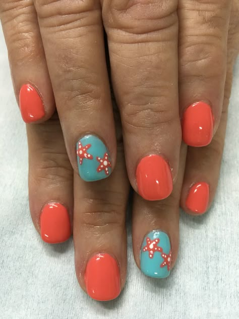 Summer Vacation Beach Orange Sky Blue Starfish gel nails Bright Summer Gel Nails, Beach Gel Nails, Vacation Nail Designs, Summer Holiday Nails, Summer Vacation Nails, Beach Nail Designs, Cute Summer Nail Designs, Summer Nails Beach, Summer Gel Nails