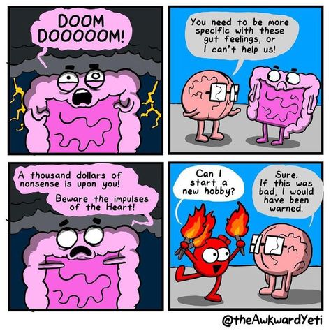 Brain Vs Heart, Heart And Brain Comic, Awkward Yeti, The Awkward Yeti, Random Funny Pictures, Heart And Brain, Strange Planet, Cheesy Jokes, Funny Comic Strips