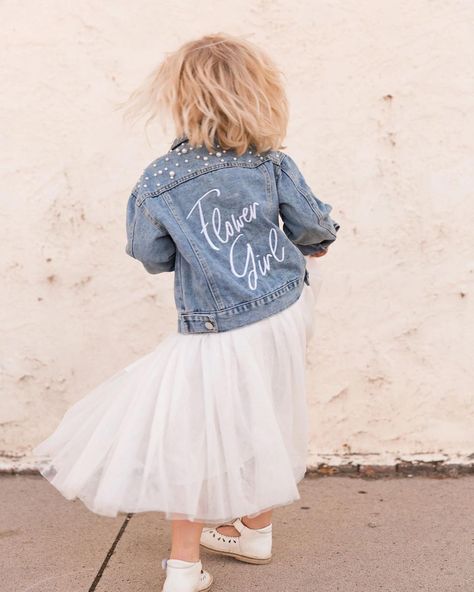 Custom Flower Girl Jackets now available in store and online Simple Flower Girl Dresses, Bridal Party Getting Ready, Custom Jean Jacket, Jean Jacket For Girls, Girls Denim Jacket, Embellished Denim Jacket, Dress With Jean Jacket, Kids Clothing Brands, Your Pretty