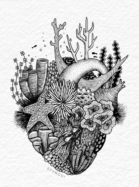 Reef Tattoo Design, Floral Sea Creature Tattoo, Corals Tattoos, Sea And Stars Tattoo, Ocean Coral Tattoo, Beach Shell Tattoo, Coral Reef Tattoo Design, Unique Ocean Tattoos, Ocean Heart Tattoo